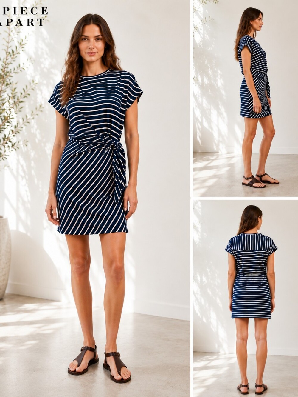 Apiece Apart Nina Cinched Mini Dress Navy Cream Stripe Organic Cotton Tie Waist